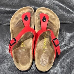 Birkenstock Small Buckle Red Sandals with Black Accents